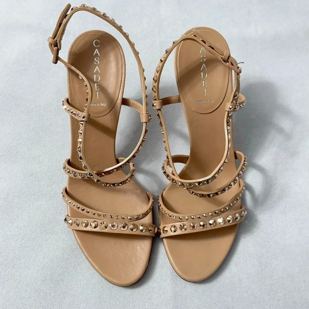 Casadei Heels 9 B Tan Strappy Sandals Stud Crystals Never Worn